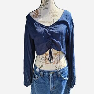 Motel Rocks navy blue satin top with tie front detail